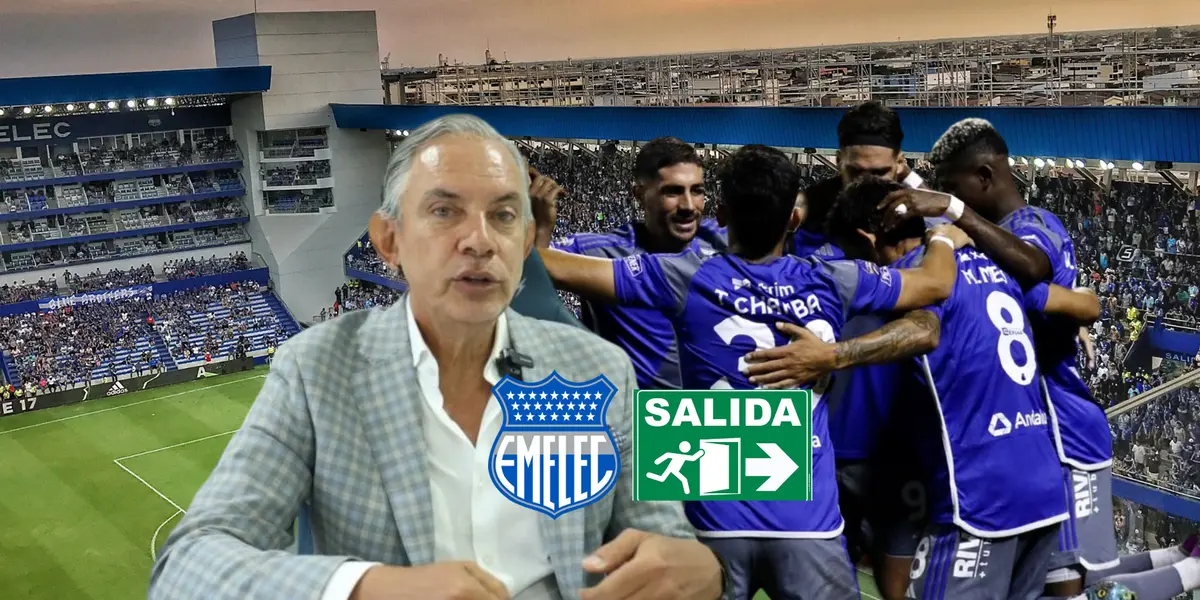 José Pileggi hablando, jugadores de Emelec festejo. Foto tomada de: Havoline Deportivo/Emelec