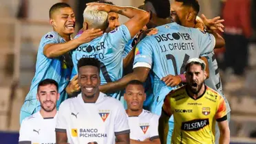 Los jugadores de Universidad Católica celebrando, en la imagen también se encuentran futbolistas de Liga de Quito y BSC. FOTO: Fútbol Peruano 