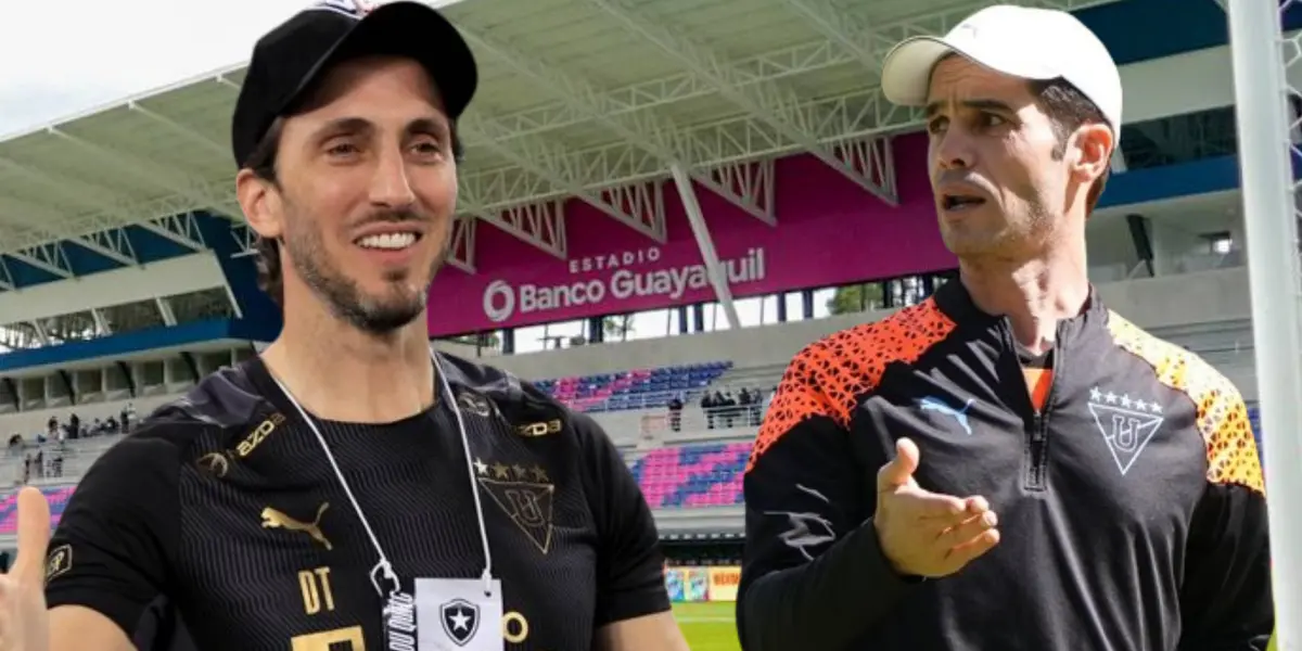 Luis Zubeldía y Josep Alcácer en el Estadio Banco de Guayaquil (Foto tomada de: API/Ecuavisa/Liga de Quito)