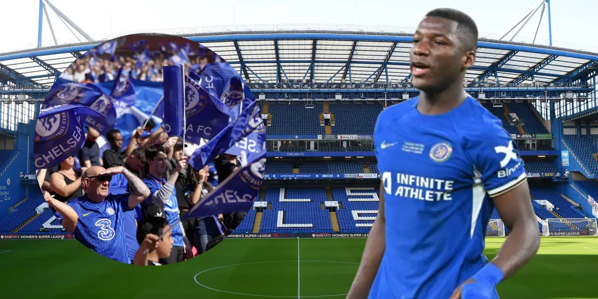 Moisés Caicedo e hinchas del Chelsea (Foto tomada de: The Sun/Transfermarkt/Los Ángeles)