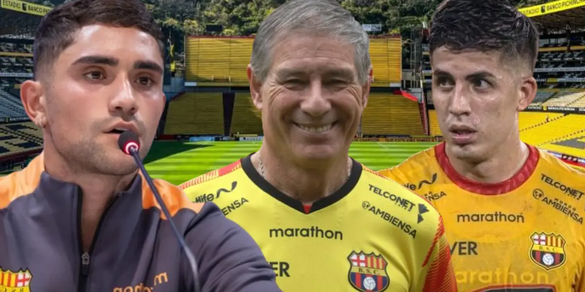 Nicolás Ramírez, Ariel Holan y Luca Sosa (Foto tomada de: Barcelona SC/API)