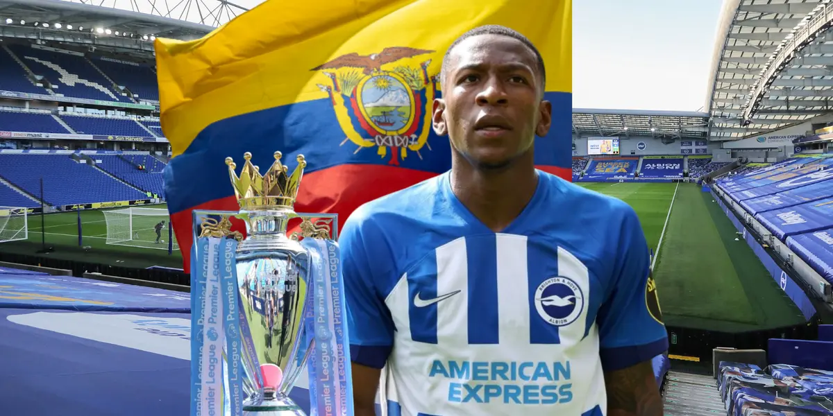 Pervis Estupiñán atento, trofeo de la Premier League y Bandera Ecuador. Foto tomada de: Brighton/Premier League