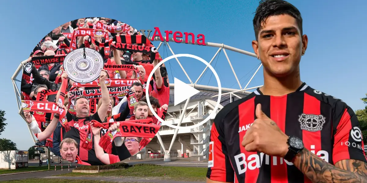 Piero Hincapié y los hinchas del Bayer Leverkusen festejando en el BayArena (Foto tomada de: Wikipedia/Piero Hincapié/Primicias)