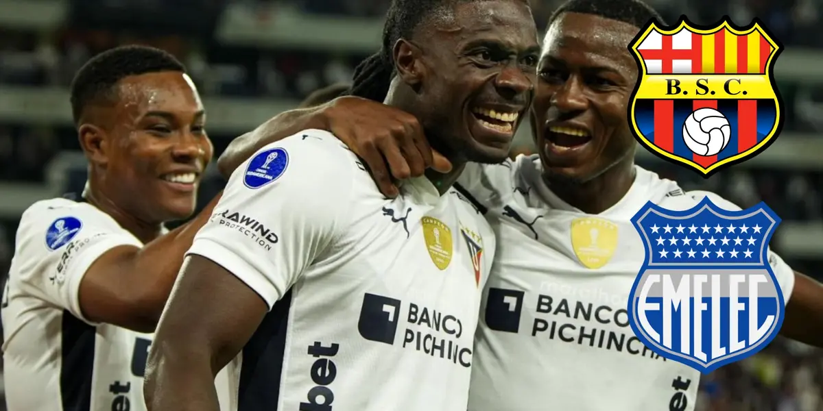 Ricardo Adé celebra junto a Lionel Quiñónez y Óscar Zambrano en el 3x0 de Liga de Quito ante Always Ready por Copa Sudamericana