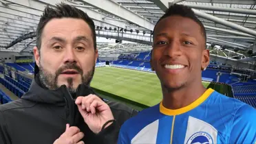 Roberto De Zerbi con Pervis Estupiñán en el Amex Stadium (Foto tomada de: Mundo Deportivo/El Universo/The Athletic)