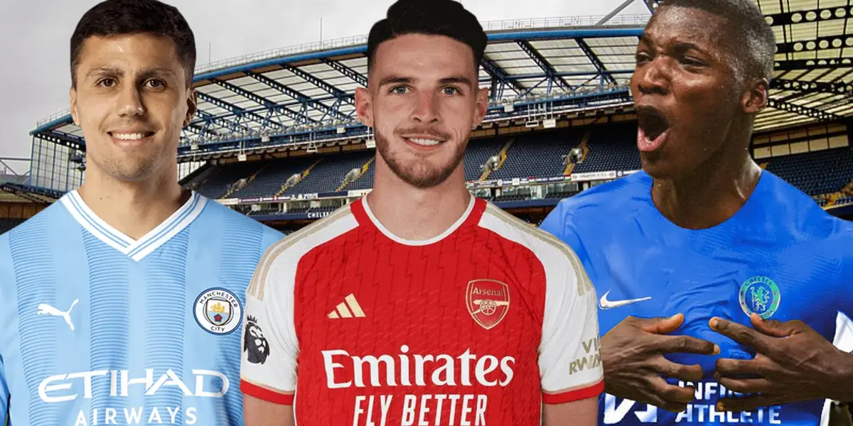 Rodri, Declan Rice y Moisés Caicedo en Stamford Bridge (Foto tomada de: Wikipedia/Marca/Manchester City/Arsenal)